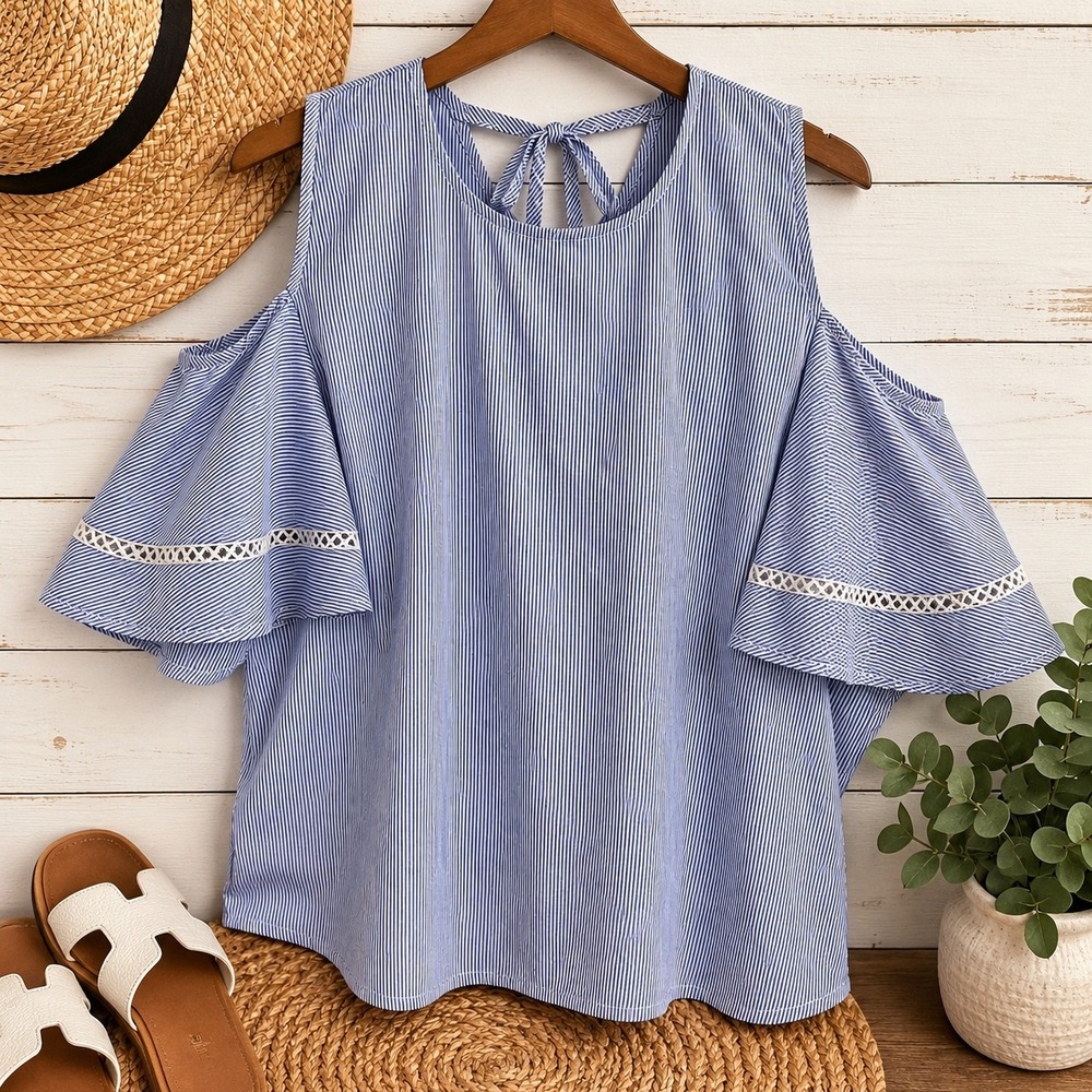 Grace & Emma Womens Large Blue Stripe Cold Shoulder Bell Sleeve Boho Top